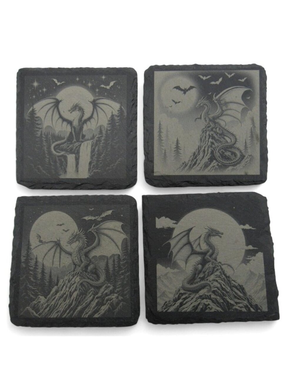 Slate Dragon Coasters Engraved Set Of 4 Square Gray 4"-US Duties Prepaid